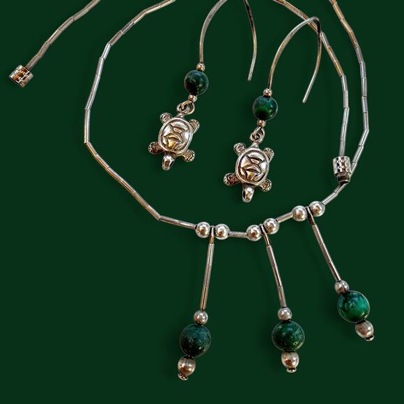 VTG Sterling Silver & Malachite Turtle Earrings Tube and Bead Necklace Set 1970s - Picture 1 of 8